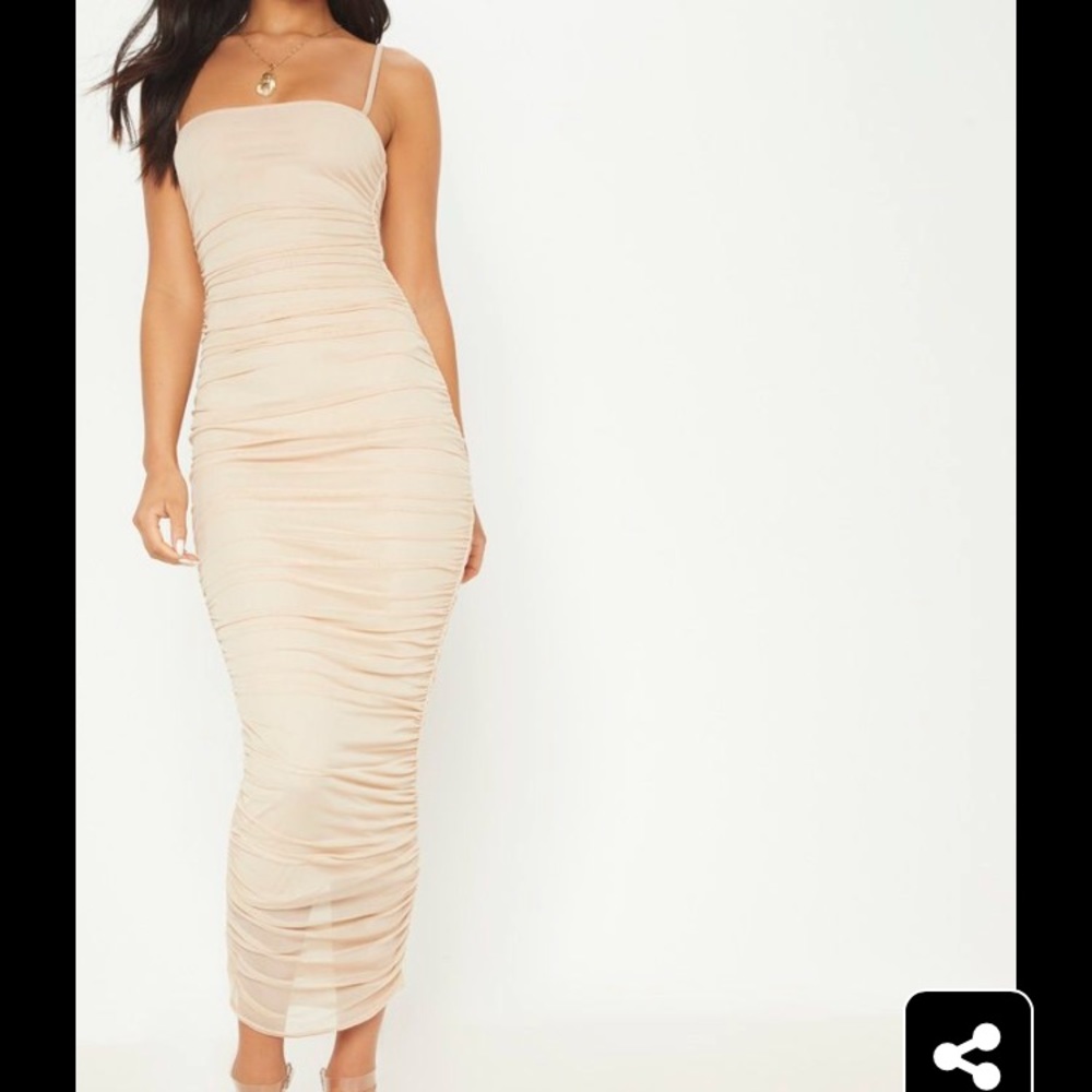 PLT Nude ruched mesh dress